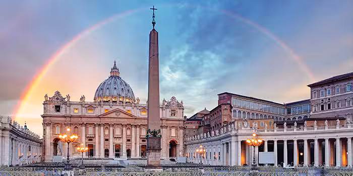 Rainbow over religious building