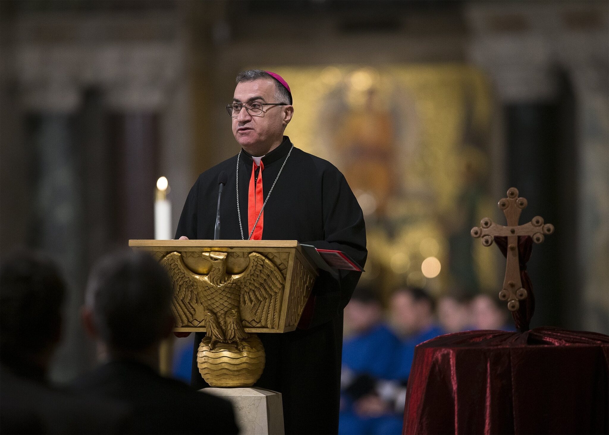 Chaldean Catholic Archbishop Bashar Warda of Irbil, Iraq, gives a testimony of Christian persecution Nov. 28, 2018, during a vespers service in the Crypt Church at the Basilica of the National Shrine of the Immaculate Conception in Washington. (OSV News photo/Tyler Orsburn)