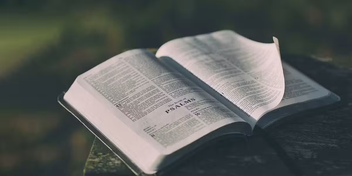Bible laying open on a table with the book of Psalms.