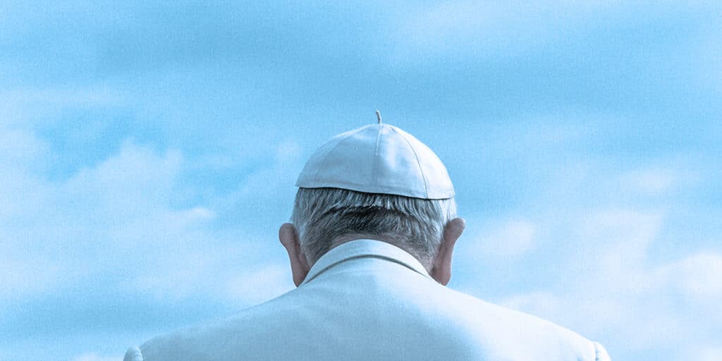 Pope Francis pictured next to a blue sky.