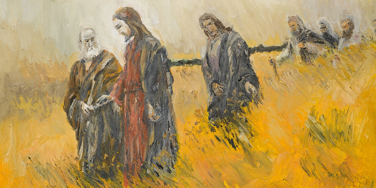 Jesus walking n the field with his disciples