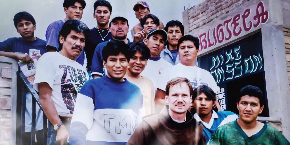 Friar poses with people