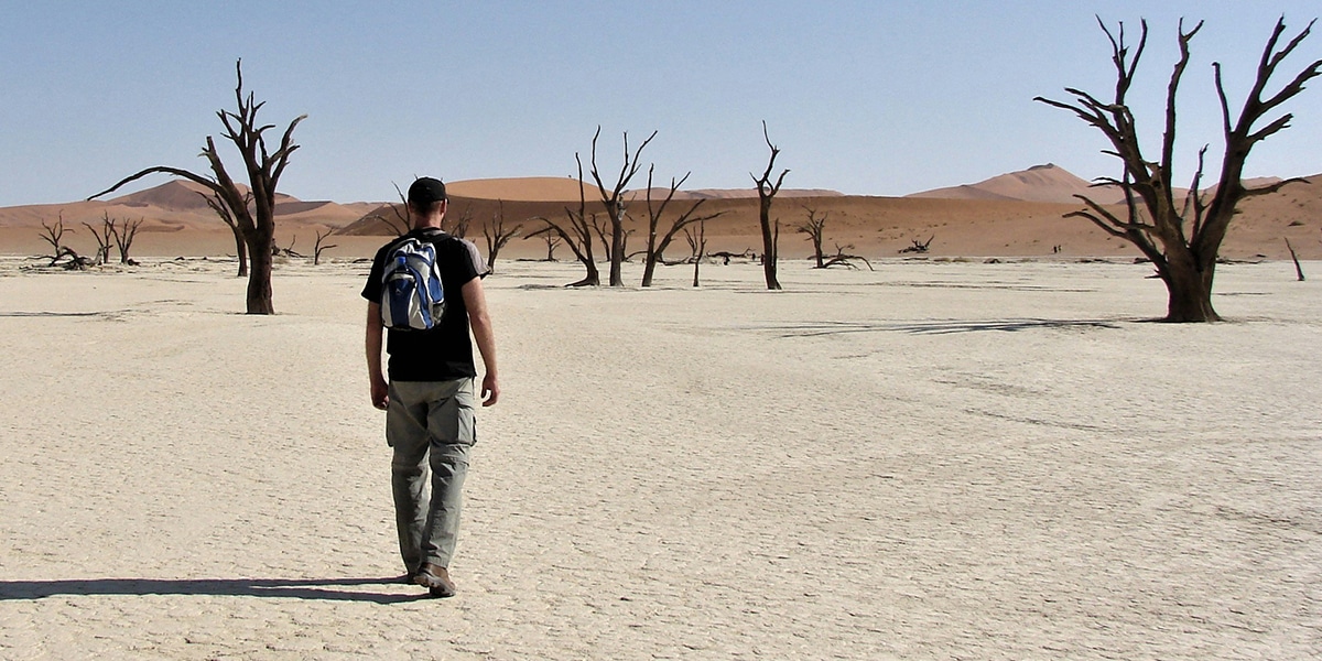 man wondering in the desert, surrounded by dead trees.