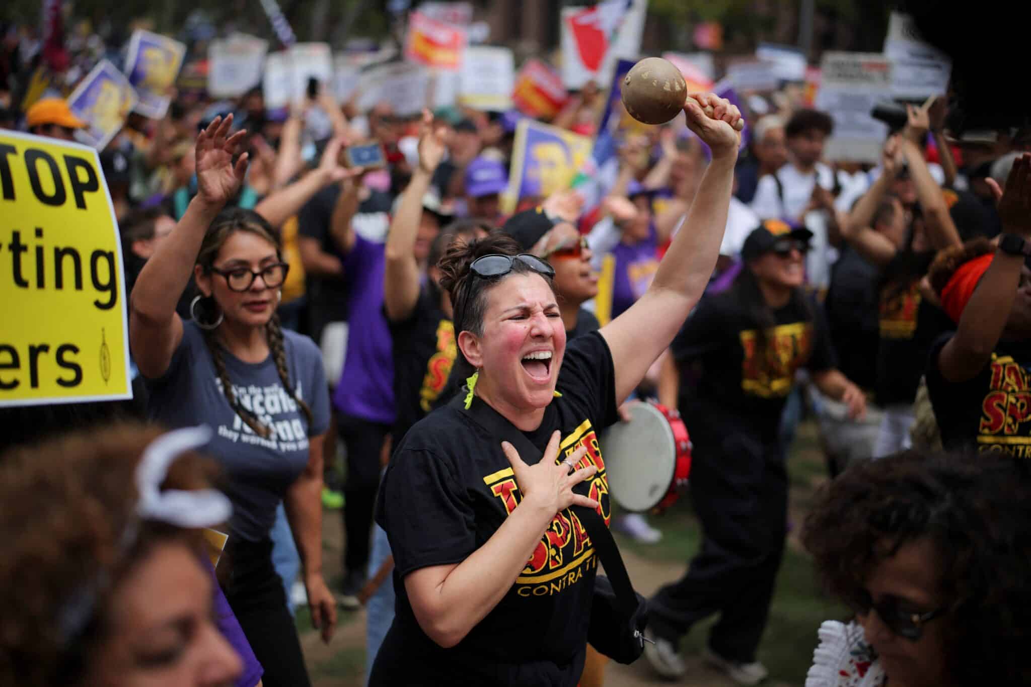 Hundreds of protesters gather for a rally at Gloria Molina Grand Park in downtown Los Angeles June 9, 2025, where civil rights and labor leaders demanded the release of union leader David Huerta from federal detention after he was arrested during an immigration enforcement action June 6. (OSV News photo/Daniel Cole, Reuters)