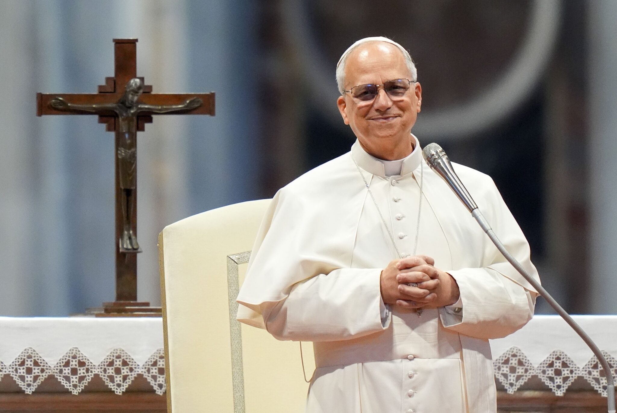 Pope Leo XIV greets people before leading a meditation for hundreds of seminarians and those involved in priestly formation from around the world in St. Peter's Basilica at the Vatican June 24, 2025, as part of the Jubilee of Seminarians. (CNS photo/Lola Gomez)