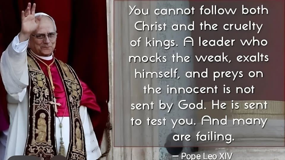 A photo of Pope Leo XIV taken on the night of his election is seen next to a fake quotation attributed to him that began making the rounds on social media May 14, 2025.