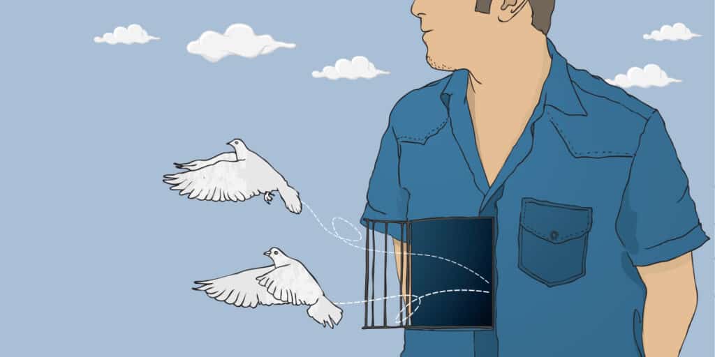 Birds fly out of a dude's chest. Ouch!