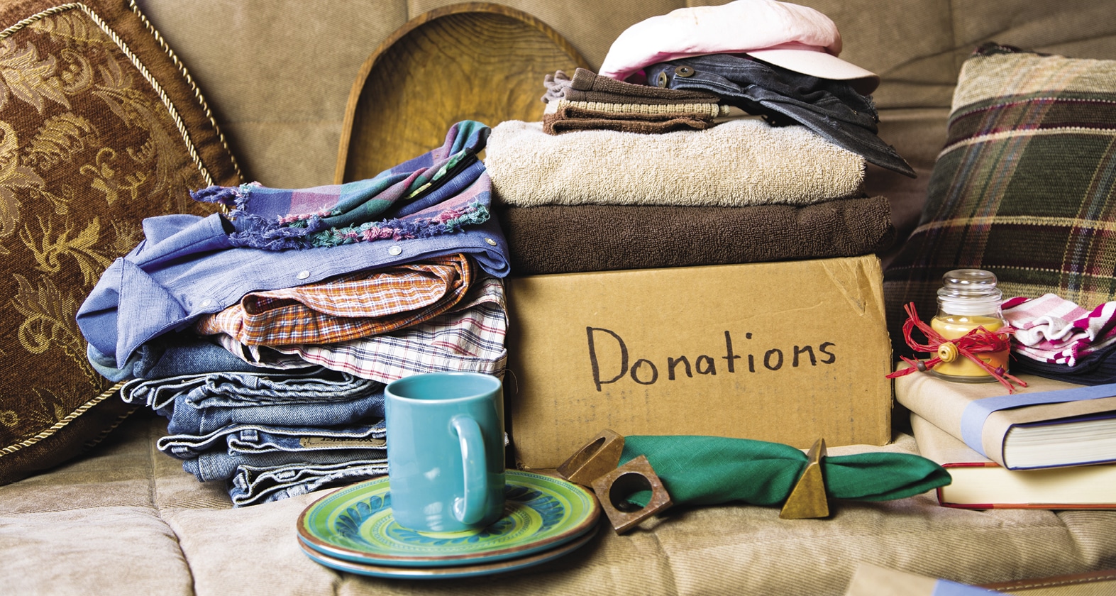 A box of items sits ready for donation.