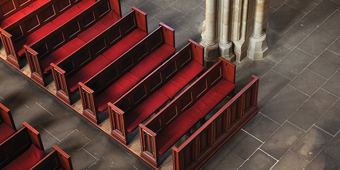 Aerial view of empty church pews